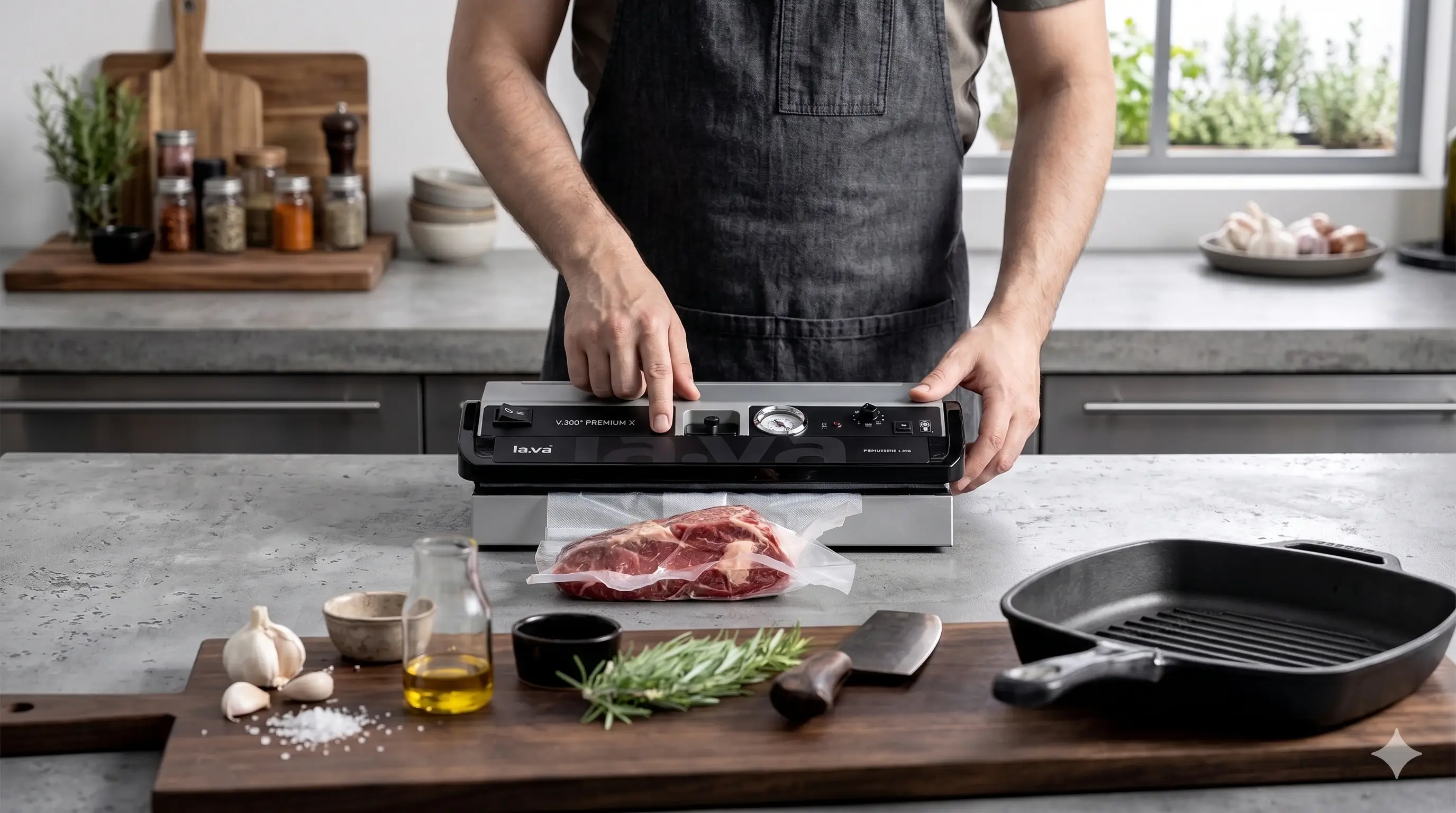 Butchery meat counter with vacuum sealed cuts